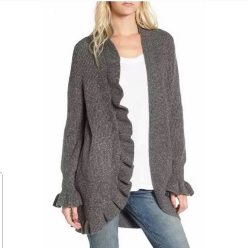 Hinge Nordstrom Ruffle Cardigan Gray Sweater Small